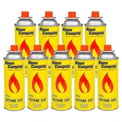 Bild av Alpen Camping Butan 9 x 400 ml gaspatroner, gasflaska för gasspis, campingspis, bunsenbrännare, lödbrännare, ml, EN417 (9)