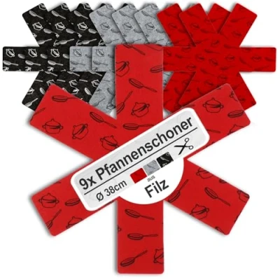 Bild av COM FOUR® 9x Filtpannskydd pannskydd för att skydda mot repor pannskyddsmatta även grytor och skålar (09 stycken grå/röd/svart)