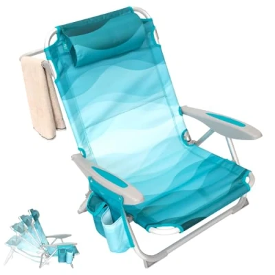 Bild av #WEJOY 4 positioners justerbar strandstol för vuxna, hopfällbar låg lätt och bärbar, hög ryggkudde ficka utomhus trädgård liggande camping strandstol, CYANPATTERN