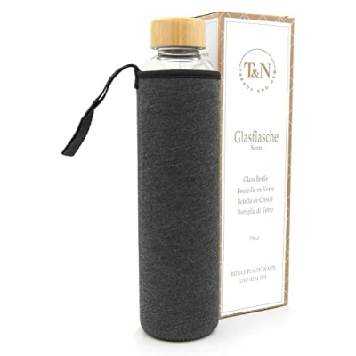 Bild av T&amp;N glasflaska 750 ml drickflaska glas 0,75 l med neoprenfodral vattenflaska läckagesäker av tjockt borosilikatglas för kolsyra och som karaff