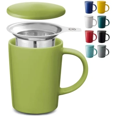 Bild av Cosumy Te kopp med sil och lock Gul keramik håller sig varm länge 400 ml stor diskmaskinssäker (Matcha grön)