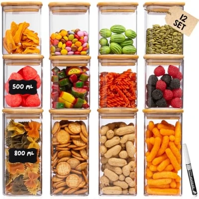 Bild av Deco Haus® Förvaringsglas med Tätslutande Lock + Etiketter [12 pack KOMBISATS] För Müsli, Cornflakes, Spaghetti &amp; co. Förvaringsburkar i Glas Förvaringslåda Kök