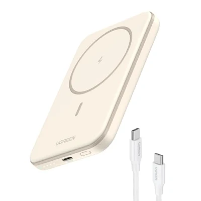 Bild av UGREEN Trådlös magnetisk powerbank 5000 mAh med USB C snabbladdningsfunktion, trådlöst externt batteri MagSafe Kompatibel iPhone 16 Pro Max/Pro/16/15 Max/Pro/14/13/12（vit）