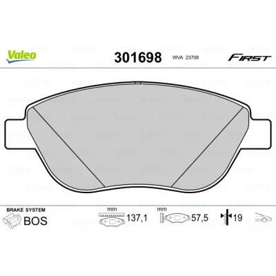 Bild av VALEO 301698 Jeu de plaquettes frein FIRST Essieu avant contact signal d&#039;usure exclu avec tôle anti bruit FIAT: Doblo I Break, Cargo