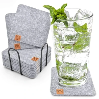 Bild av Miqio® Design fyrkantig filt glasunderlägg set om 12 + hållare hållbara Oekotex underlägg för drycker, ljus, koppar, bar, glas bordsdekoration ljusgrå