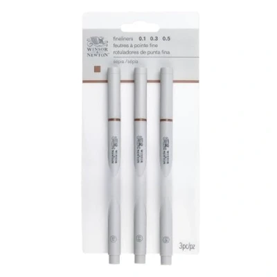 Bild av Winsor &amp; Newton 0290109 fineliner, pigmentfoder för exakta linjer och utomhuslinjer, hög kvalitet, pigmentbläck, ljusbeständig linjebredd, i en uppsättning 3 stycken sepia, linjebredd 0,1 mm, 0,3