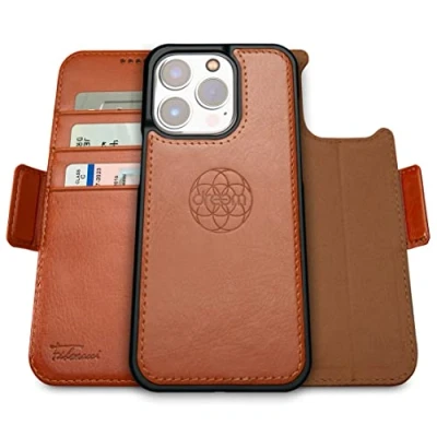 Bild av Dreem Fibonacci iPhone 14 Pro Max plånboksfodral / 2 i 1 stötsäkert fodral och avtagbart foliofodral veganläder, MagSafe kompatibelt, RFID skydd [Karamell]