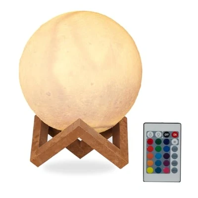 Bild av Relaxdays månlampa 3D, 16 färger, dimbar, fjärrkontroll, trådlös, med stativ, barn, LED, 15 cm, vit
