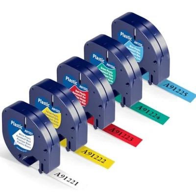 Bild av Wonfoucs kompatibelt textband som ersättning för Dymo letraTag etikettband 12 mm x 4 m 91221 9122 91223 91224 91225 LT 110T 100H QX 50 XR XM 2000 Plus, svart på vit/röd/gul/blå/grön