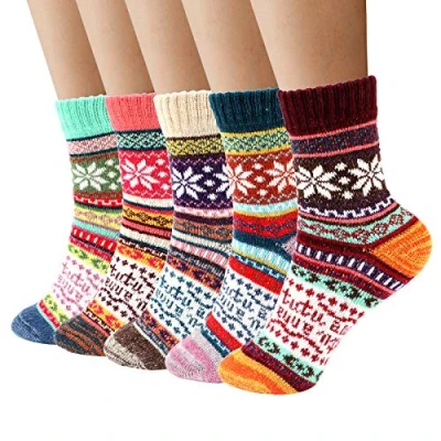 Bild av Airabc 5 par ullstrumpor, termostrumpor dam, varma vinterstrumpor tjocka stickade strumpor, färgglada bekväma och andningsbara/EU storlek 3542, Blå / kaki röd rosa grön (5 pack),