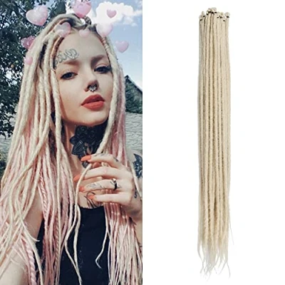 Bild av Tunna 0,6 cm Syntetiska Dreadlocks Förlängningar Handgjorda 20 tum Trådar Virkat Hår Långa Virkade Flätor Hip hop Stil Mjuka Dreads Hårförlängningar, Blond