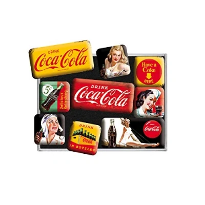 Bild av Nostalgic Art Kylskåpsmagneter i retrostil, Coca Cola Yellow Mix Presentidé för Coke älskare, Magnetset magnettavlor, Deko vintage, 9 stycken