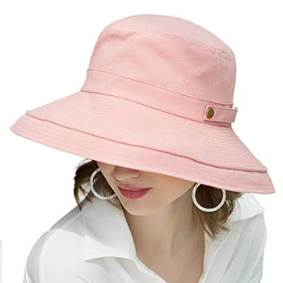 Bild av SOMALER Dam bomull brett brätte solhattar UPF50 UV packbar strandhatt sommar hinkmössa för resor, Knappdekoration rosa, One Size