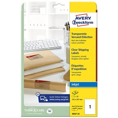 Bild av AVERY Zweckform J8567 25 fraktetiketter (A4, stycken, 210 x 297 mm, ark) transparent