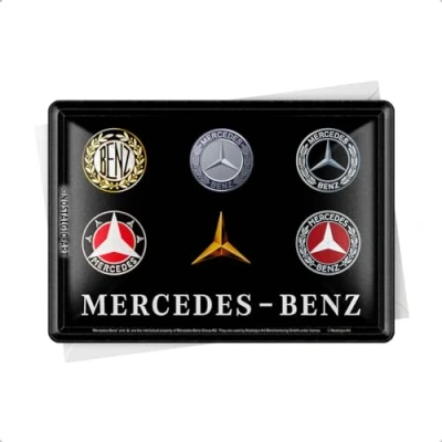 Bild av Nostalgisk konst retro plåtvykort, 10 x 14 cm, Mercedes Benz logo Evolution presentidé för tillbehör, fans, vykort av metall, mini plåtskylt som gratulationskort