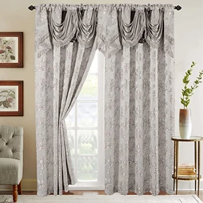 Bild av Elegant bekväm jacquard look gardinpanel set med bifogad vattenfallskrans, (set 2), 137 x 213 cm, bladmönster, silver