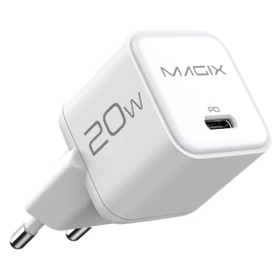 Bild av Magix Laddare 20 W Nano USB C, GAN PD Power Delivery, för iPhone 15/15 Plus/15 Pro, 14/13/12 Mini/Pro/Pro MAX/SE, AirPods iPad Galaxy (EUR Plug) (vit)
