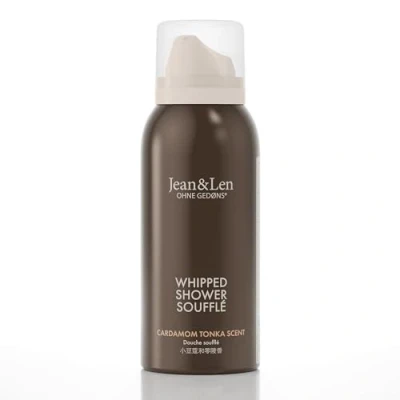 Bild av Jean &amp; Len Shower Soufflé Cardamom Tonka, med mandel och jojobaolja, för en väldoftande rengöringsupplevelse, normal till torr hud, duschskum i resestorlek, utan parabener silikoner, 75 ml
