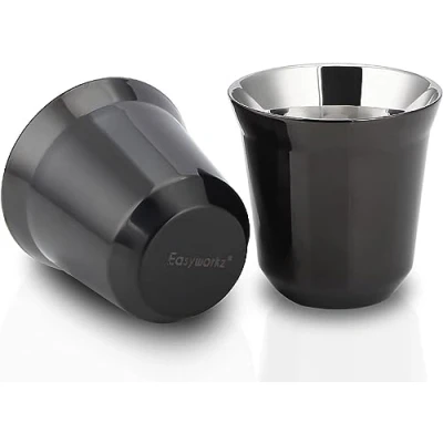 Bild av Easyworkz Espressokopp i rostfritt stål 2st Set Dubbelväggisolerad Metall Demitasse koppar 75ml (75ml, Schwarz)