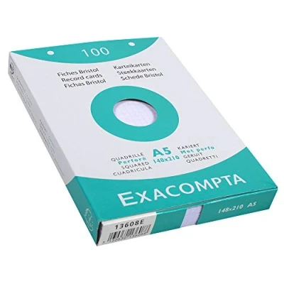 Bild av Exacompta Ref 13608E Bristol Squared Record Cards (100 st) A5 storlek, 205 gsm kort, kompatibel med skrivare lämplig för tentamensrevision och anteckningar Vit