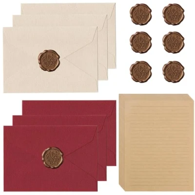 Bild av 22 stycken brevpapper, set med 6 linnekuvert och vaxförseglingar, 10 A5 vintagepapper, kraftpapperskuvert, för födelsedag, bröllopsinbjudan, gratulationskort