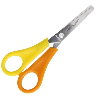 Bild av Westcott E 21593 00 barnsax vänsterhäxa cm skala, trubbig spets, 5&quot;/13 cm, röd/gul