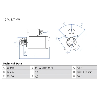 Bild av BOSCH 0 986 026 800 Startmotor 12V 1,7kW 12 50, 30 links 66mm PEUGEOT: Boxer Minibuss, Skåpbil, Partner II Skåpbil