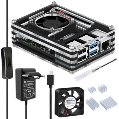 Bild av GeeekPi Raspberry Pi 4 fodral med fläkt, 5V 3.6A USB C strömförsörjning ON/OFF brytare, STK Aluminium kylfläns för Model B 1GB/2GB/4GB/8GB