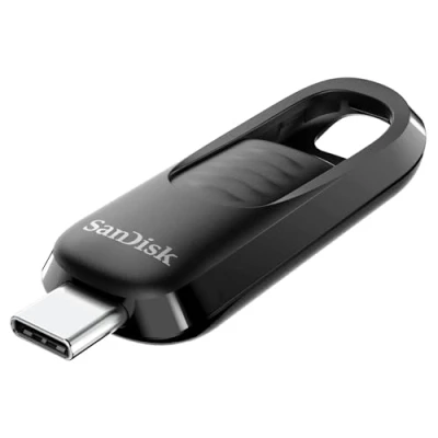 Bild av SanDisk 512GB Ultra Slider USB Type C Flashminne, Hög prestanda, Läshastigheter upp till 400 MB/s, 3.2 Gen 1, Utdragbar Kontakt, Praktiska Nyckelringshåle, Svart