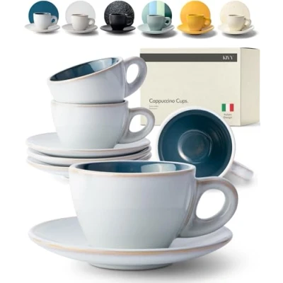 Bild av KIVY Cappuccinokoppar i set (4 x 180 ml) handgjorda, av tjockväggigt stengods kaffekoppar med fat tjocka väggar, stora, blå
