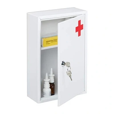 Bild av Relaxdays medicinskåp, 10030698 låsbar, ofylld, 2 fack, vägg HBT: 32 x 21,5 8 cm, vit/röd