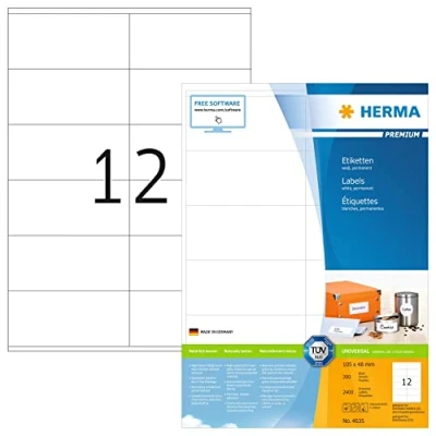 Bild av HERMA 4635 universella etiketter A4 (105 x 48 mm, 200 ark, papper, matt) självhäftande, utskrivbara, permanenta adressetiketter, 2 400 klistermärken, vit