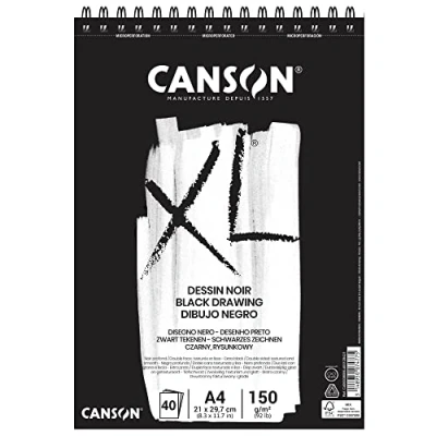 Bild av CANSON XL svart ritning 150 gsm A4 papper, dubbelsidig: Kornig och slät, spiraldyna kort sida, 40 svarta ark, perfekt för professionella konstnärer illustratörer