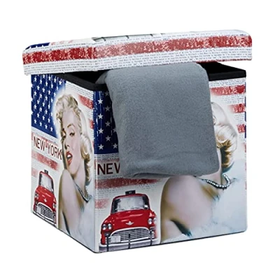 Bild av Relaxdays Vikbar sittpall Marilyn Monroe 38 cm stabil hopfällbar pall med trendiga motiv som praktisk hylla sittkub tryckt konstläder förvaringslåda förvaringsutrymme, New York