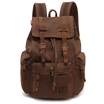 Bild av YuHan Canvas ryggsäck unisex vintage vardaglig laptop dagväskor MacBook väska skolväska student bokväska vandring campingväska Kaffe, Mediam, Skolryggsäck