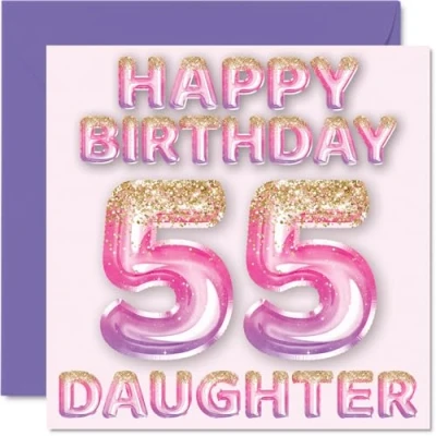 Bild av 55:e födelsedagskort för dotter rosa och lila glitterballonger grattis på 55 år gammal från mamma pappa föräldrar, 145 mm x födelsedag gratulationskort present