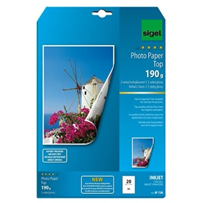 Bild av Sigel IP720 InkJet fotopapper topp, A4, 20 ark, 2 sidor högblankt, vitt, tryck på båda sidor, 190 g