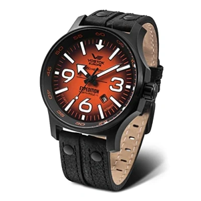 Bild av Vostok Europe YN55 Expedition Nordpol 1 herrklocka, flera nitar, läderarmband, automatiskt datum, orange/svart, rem, rem