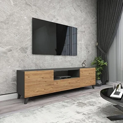 Bild av [en.casa] TV skåp Torsby bräda vardagsrum bänk med 3 dörrar bord antracit ek optik byrå