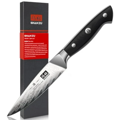Bild av SHAN ZU Damascus Paring Knife 9.5cm, Fruit and Vegetable Knife, Small Japanese Steel (AUS 10) Kitchen G10 Ergonomic Handle SUN Series