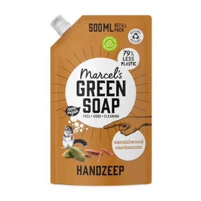 Bild av Marcel&#039;s Green Soap Handtvål refillpack sandelträ &amp; kardemumma flytande tvåldispenser påfyllningspaket 100% miljövänlig vegansk 97% biologiskt nedbrytbar 500 ml