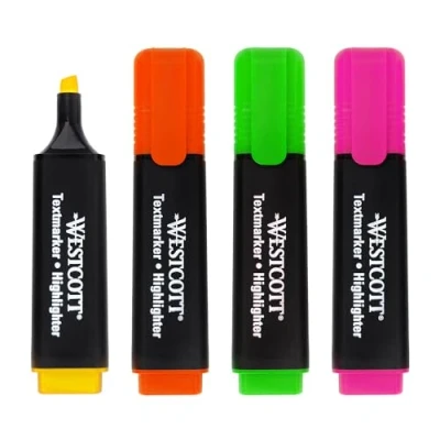 Bild av Westcott överstrykningspenna 4 stycken i grönt, gult, orange, rosa pack highlighter märkpennor ljusa färger 25 mm linjebredd premiumbläck från Tyskland E 744249 00