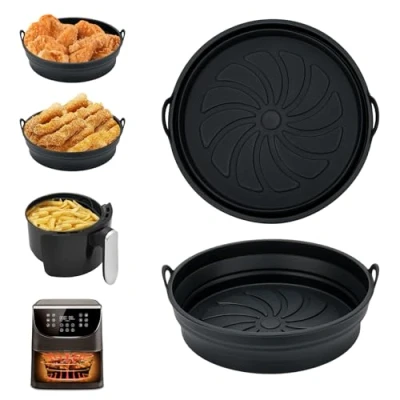 Bild av Alyvisun Silikonform för Luftfritös, 2 Stycken Silikongrytor Airfryer Återanvändbara Silikonfoder Luftfritöskorg Rund Vikbar Silikonbakform Air Fryer, Mikrovågsugn och Ugn (Svart)