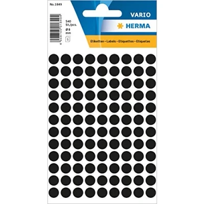 Bild av HERMA 1849 multifunktionsetiketter/runda färgade prickar (Ø 8 mm, 5 ark, papper, matt) självhäftande, permanenta märkningspunkter för handskriven märkning, 540 klistermärken, svart