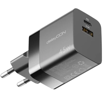 Bild av deleyCON Laddare USB A och C (2 Portar Kompakt 45W Snabbladdare) Strömadapter för iPhone 16/15/14/13 Galaxy S24/S23 Pixel Mobiltelefon iPad Tablet MacBook Laptop Notebook Svart