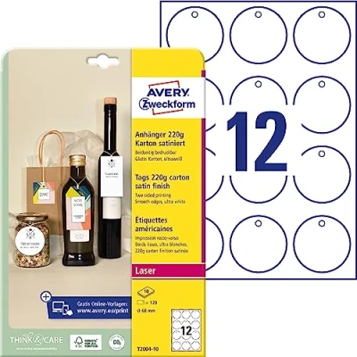 Bild av AVERY Zweckform T2004 10 stabila hängen 120 stycken inkl. snören (⌀ 60 mm till A4, produkthängen med tryck på båda sidor, extra släta kanter, runda presenthängen, prislappar) kartong 220 g, vit