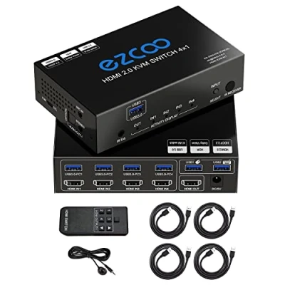 Bild av USB3.0 HDMI KVM switch 4 portar in 1 ut 4K 60Hz SPDIF 5.1 ljudöverföring Dela datorer med en enda tangentbord och mus Mus/Tangentbord/Trådlös USB för PC HDR IR fjärrkontroll 4X1