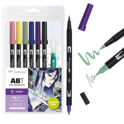 Bild av Tombow ABT 6P MANGA MOON, Svart, Blå, Ljusgrön, Rosa, Lila, Gul, 772, 062, 312, 535, 606, N25, 6 färger, Penspets, styck