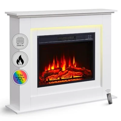 Bild av BALDERIA Finn elektrisk kamin öppen spis med uppvärmning 2 000 W, realistisk 3D lågeffekt, atmosfärbelysning, fjärrkontroll, timer, termostat vit
