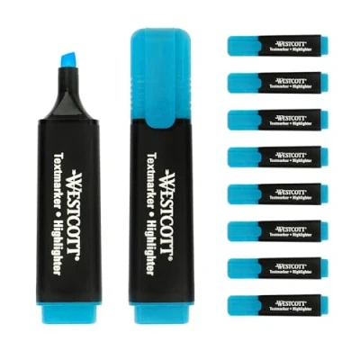 Bild av Westcott överstrykningspenna 10 stycken blå pack highlighter märkpennor i lysande 25 mm linjebredd premiumbläck från Tyskland E 743631 00